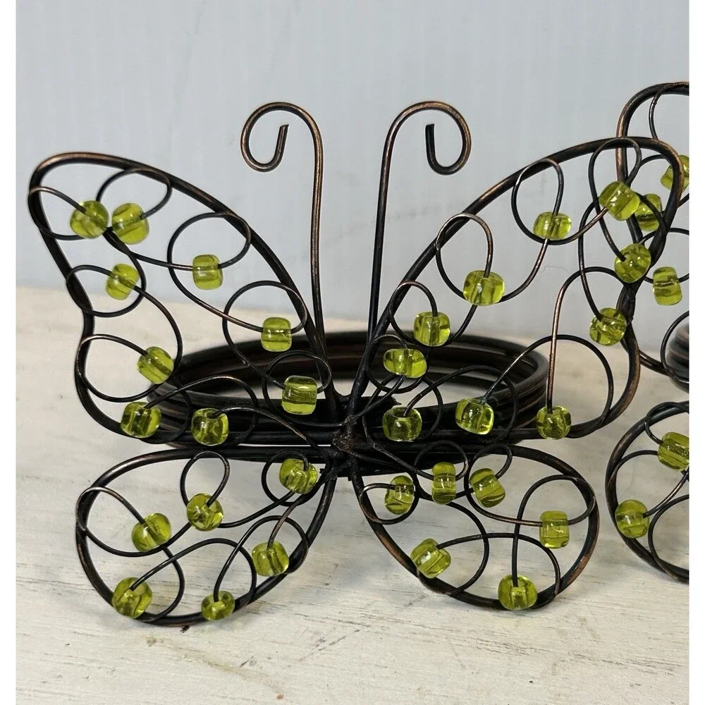 Set of 4 Butterfly Napkin Rings Green Beads Brown Wire Spring Table Decor